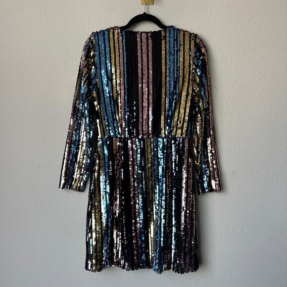 Sam Edelman Long Sleeve Multicolor Sequin Stripe Wrap Mini Dress Size 2 - Picture 3 of 6